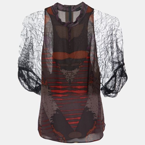 Etro Black Printed Silk & Lace Mock Neck Blouse S - Etro - Modalova