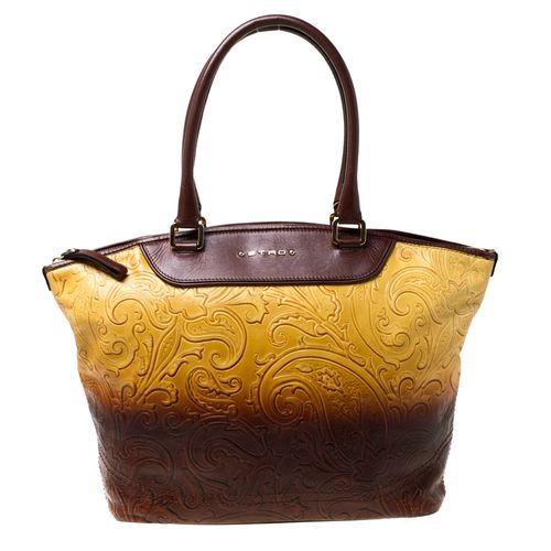 Etro Yellow/Brown Ombre Paisley Embossed Leather Zip Tote - Etro - Modalova