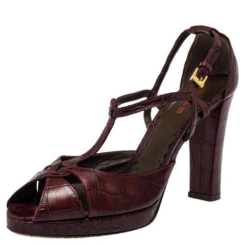 Etro Brown Croc Embossed Leather Peep Toe T Strap Sandals Size 37.5 - Etro - Modalova