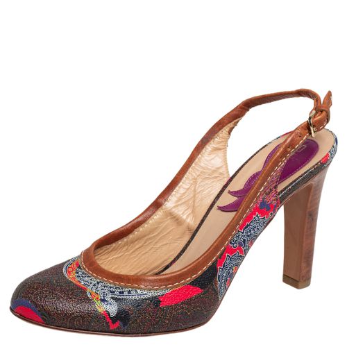 Etro Brown Paisley Print Coated Canvas and Leather Trim Slingback Pumps Size 37 - Etro - Modalova