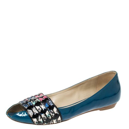 Etro Blue Patent And Multicolor Embossed Python Trim Ballet Flats Size 37 - Etro - Modalova