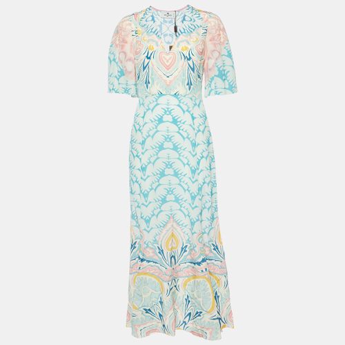 Etro Blue Printed Silk Crepe V-Neck Long Dress M - Etro - Modalova