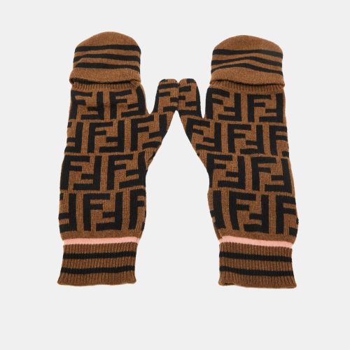 Fendi Brown FF Logo Cashmere & Wool Knit Mittens - Fendi - Modalova