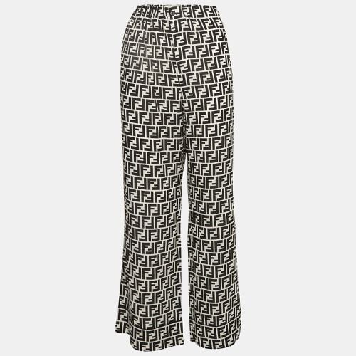 Fendi Black & White Monogram Print Silk Crepe De Chine Wide Leg Pants L - Fendi - Modalova