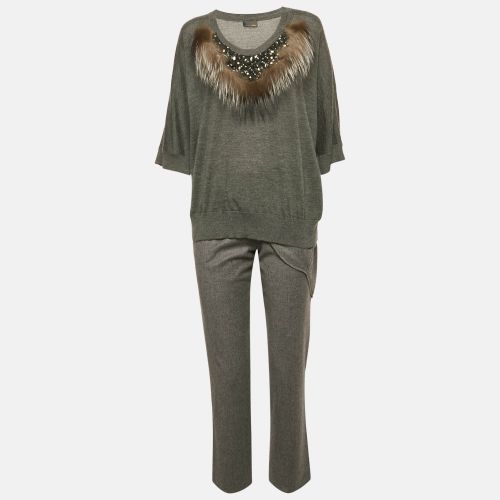 Fendi Grey Fur Trim Cashmere and Wool Knit Top and Pants Set S - Fendi - Modalova