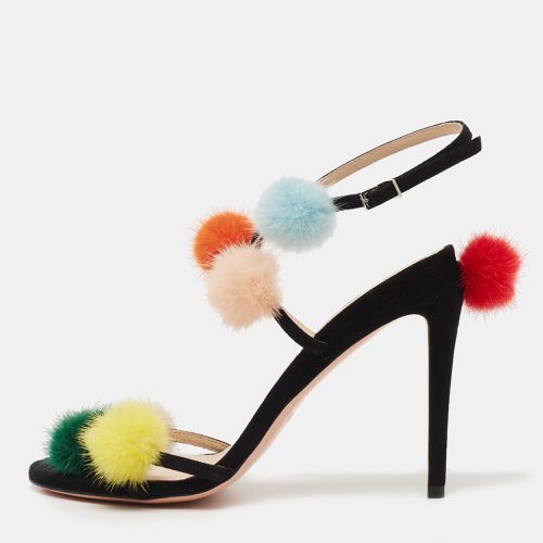 Fendi Black Suede Mink Fur Pompoms Ankle Strap Sandals Size 39 - Fendi - Modalova