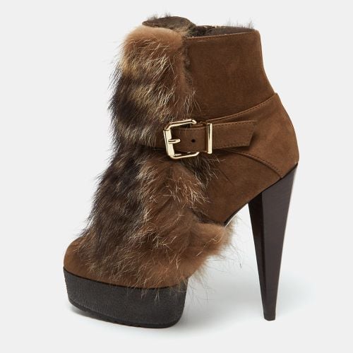 Fendi Brown Nubuck Leather and Raccoon Fur Platform Ankle Boots Size 36 - Fendi - Modalova