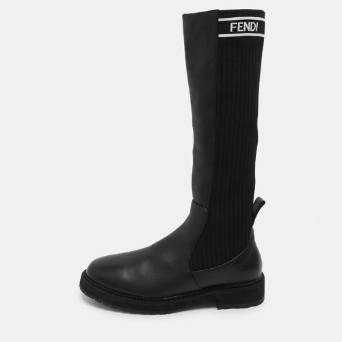 Fendi Black Leather and Stretch Fabric Logo Rockoko Calf Length Boots Size 40 - Fendi - Modalova