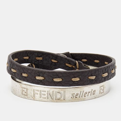 Fendi Selleria Silver Tone Cuff & Metallic Leather Double Wrap Bracelet - Fendi - Modalova