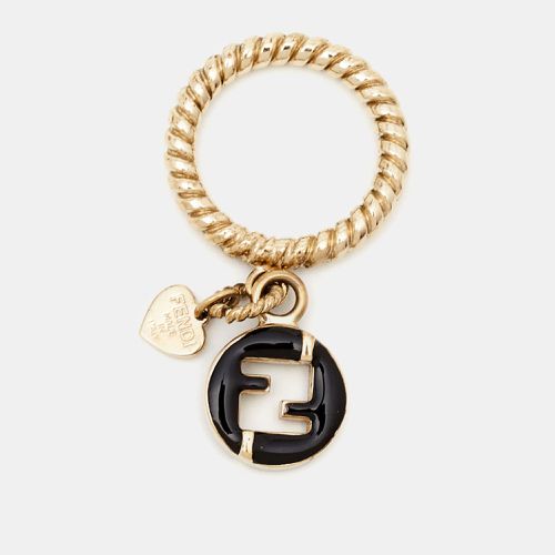 Fendi FF Black Enamel Charm Gold Tone Ring Size 56 - Fendi - Modalova