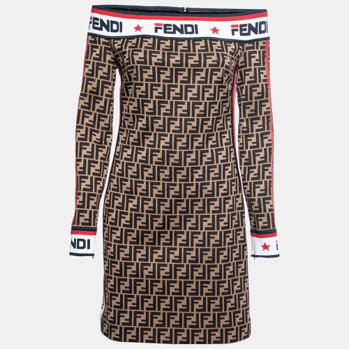 Fendi Brown Zucca Jacquard Knit Logo Tape Trimmed Off-Shoulder Dress M - Fendi - Modalova