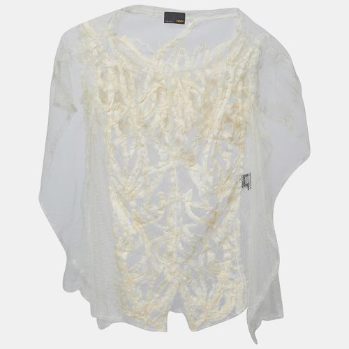 Fendi Cream Patterned Tulle Cape Sleeve Top M - Fendi - Modalova