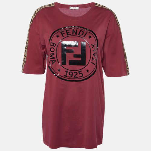 Fendi Burgundy Embossed Logo Print Cotton Crew Neck T-Shirt S - Fendi - Modalova