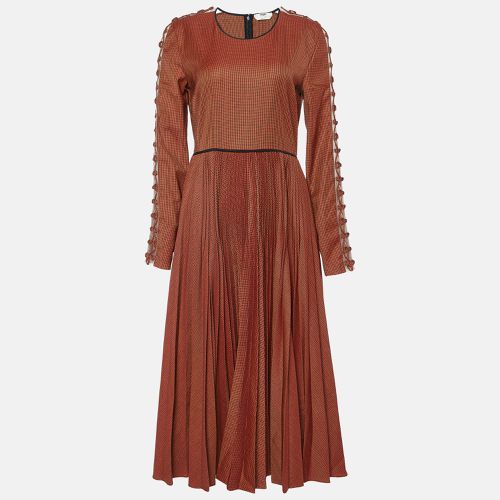 Fendi Brown Mesh Tulle Rope Trim Houndstooth Printed Long Sleeved Pleated Wool Midi Dress - Fendi - Modalova