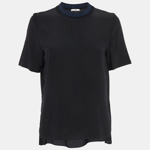 Fendi Black Logo Ribbed Neck Silk T-Shirt XS - Fendi - Modalova