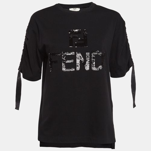 Fendi Black Logo Sequin Embellished Cotton Knit Tape Detail Top XS - Fendi - Modalova