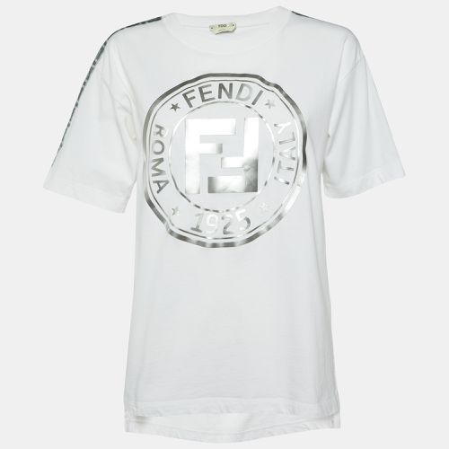 Fendi White Embossed Logo Print Cotton Crew Neck T-Shirt S - Fendi - Modalova