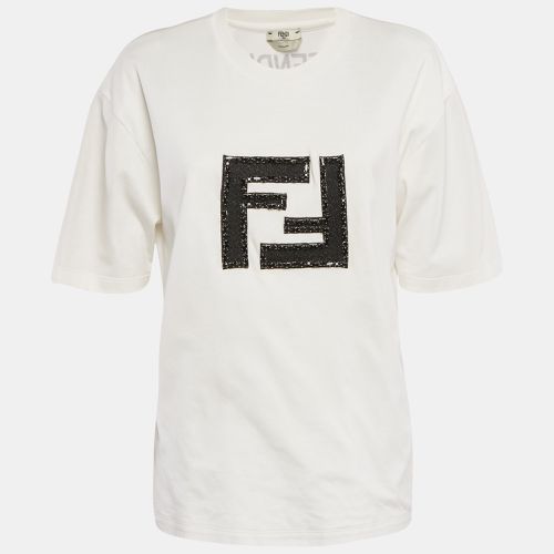 Fendi White Logo Embellished Cotton Crew Neck T-Shirt M - Fendi - Modalova