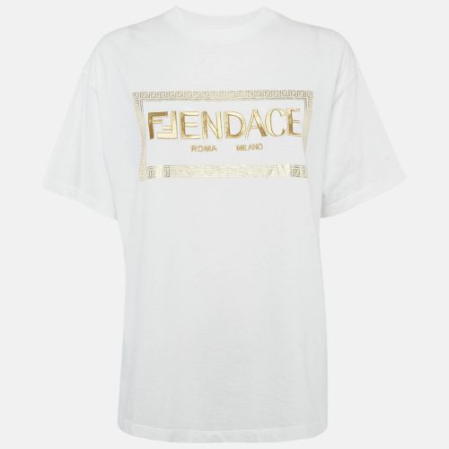 Fendi White Logo Embellished Cotton Crew Neck T-Shirt M - Fendi - Modalova