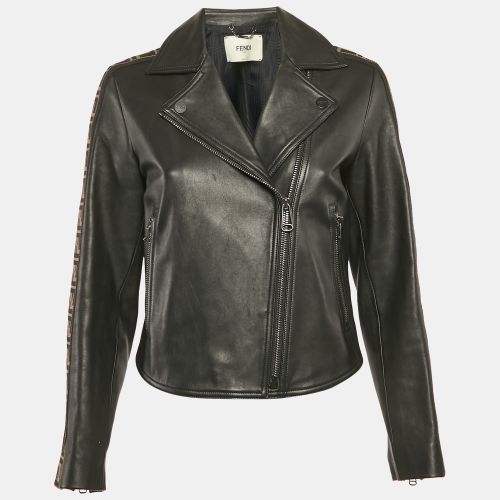 Fendi Black Zucca Side Tape Leather Zip-Up Jacket S - Fendi - Modalova