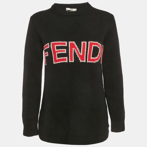Fendi Black Logo Intarsia Wool Knit Crewneck Sweater M - Fendi - Modalova