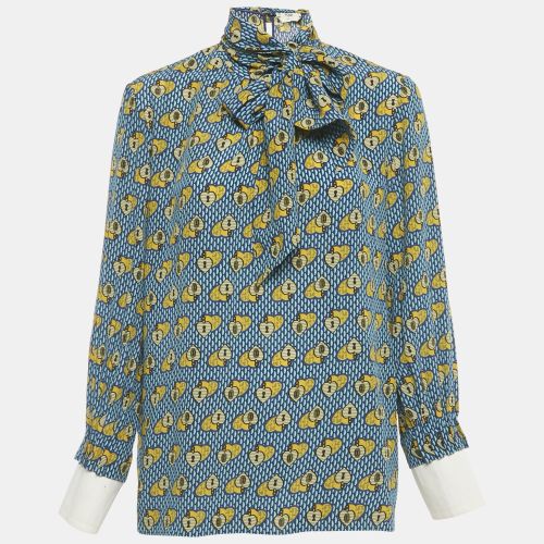 Fendi Blue heart Lock Printed Silk Neck Tie Detail Top M - Fendi - Modalova