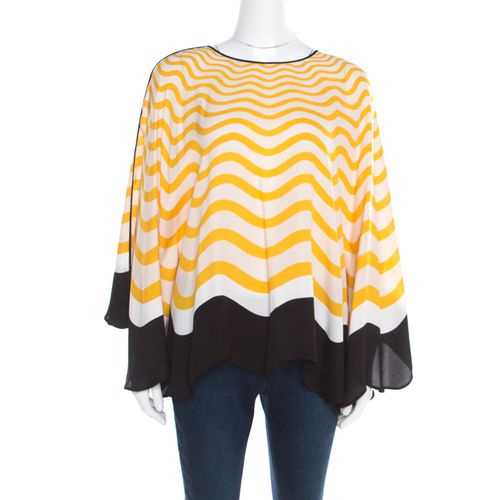 Fendi Yellow and Off White Wave Printed Silk Contrast Bow Trim Detail Kaftan Top M - Fendi - Modalova