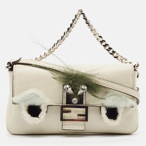 Fendi White Leather and Fur Trim Micro Buggie Baguette Crossbody Bag - Fendi - Modalova