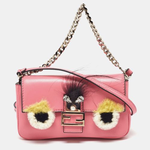 Fendi Pink Leather and Fur Trim Micro Buggie Baguette Crossbody Bag - Fendi - Modalova