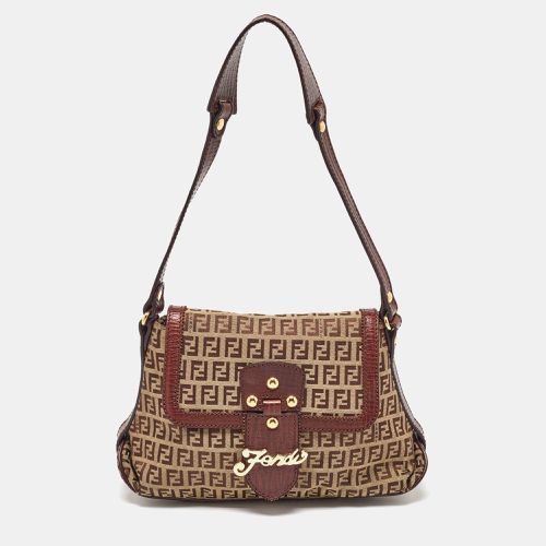 Fendi Brown/Beige Zucchino Canvas and Leather Flap Shoulder Bag - Fendi - Modalova