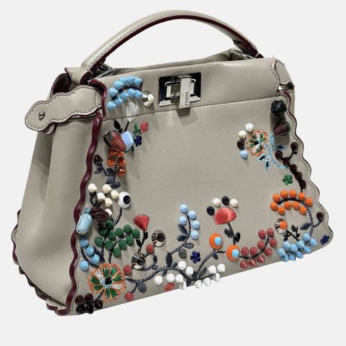 Grigio Polvere Nappa Embroidered Flower Scalloped Mini Peekaboo Iconic Satchel Bag - Fendi - Modalova