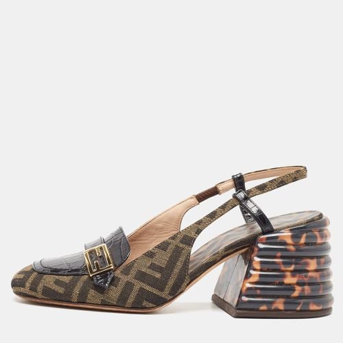 Fendi Tobacco/Black Croc Embossed Leather and Canvas Promenade FF Motif Slingback Sandals Size 38 - Fendi - Modalova