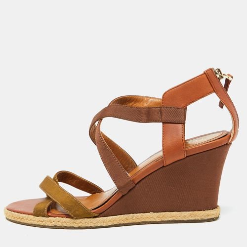 Fendi Brown Leather and Fabric Criss Cross Wedge Sandals Size 37 - Fendi - Modalova