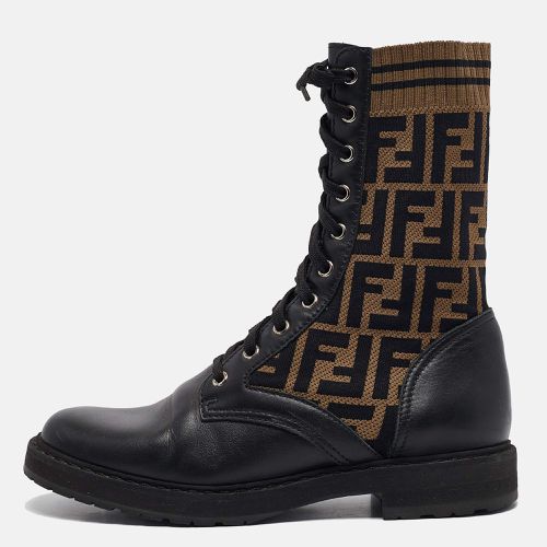 Tobacco Leather and Zucca Knit Stretch Fabric Rockoko Combat Boots Size 38.5 - Fendi - Modalova