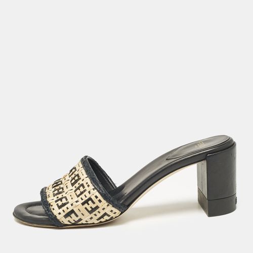 Fendi Cream/Black Leather and Raffia FF Slide Sandals Size 37.5 - Fendi - Modalova