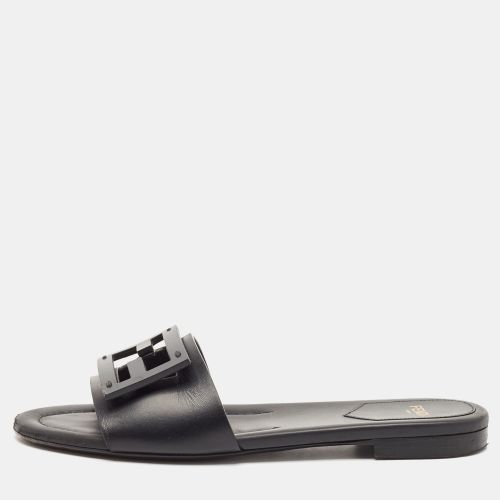 Fendi Black Leather Logo Flat Slides Size 36.5 - Fendi - Modalova