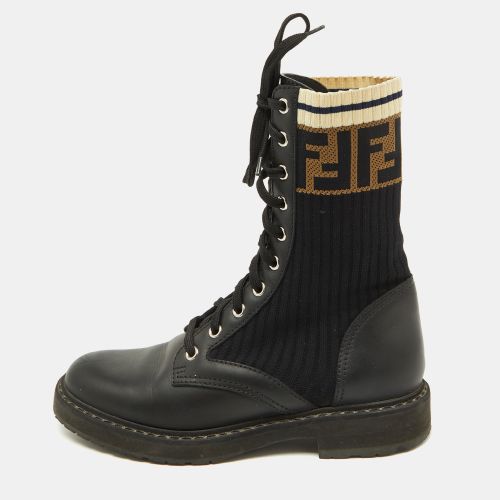 Fendi Black Leather and Zucca Stretch Fabric Rockoko Combat Boots Size 35.5 - Fendi - Modalova