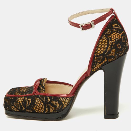 Fendi Black/Red Lace and Patent Leather Crystal Embellished Block Heel Ankle Strap Pumps Size 37 - Fendi - Modalova