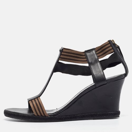 Fendi Black/Brown Leather and Elastic T-Strap Wedge Sandals Size 41 - Fendi - Modalova