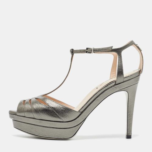 Fendi Metallic Grey Leather Platform T-Strap Sandals Size 36 - Fendi - Modalova