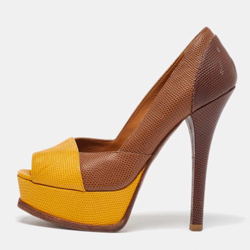 Tri Color sta Colorblock Lizard-Embossed Leather Peep Toe Platform Pumps Size 36 - Fendi - Modalova