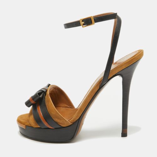 Fendi Black/Brown Leather and Suede Bow Platform Ankle Strap Sandals Size 37 - Fendi - Modalova