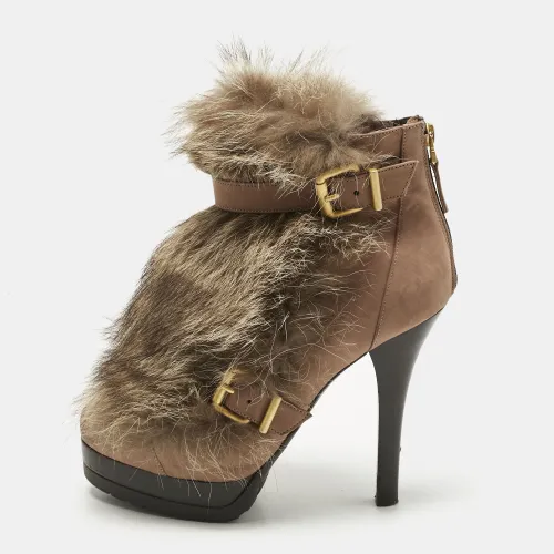 Fendi Brown Nubuck Leather and Raccoon Fur Platform Ankle Boots Size 40 - Fendi - Modalova