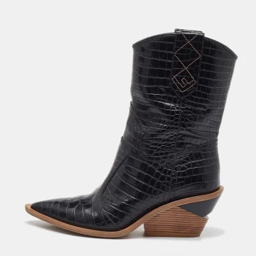 Fendi Black Croc Embossed Leather Mid Calf Cowboy Boots Size 36.5 - Fendi - Modalova