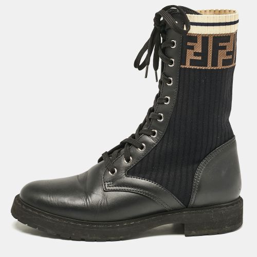 Fendi Black Leather and Zucca Stretch Fabric Rockoko Combat Boots Size 39 - Fendi - Modalova