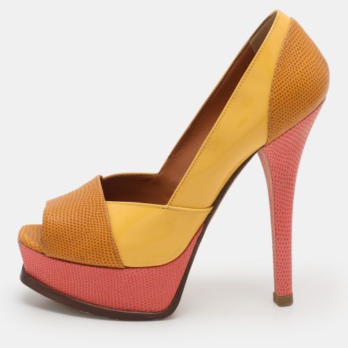 Fendi Tri Color Fendista Colorblock Lizard-Embossed Leather Peep Toe Platform Pumps Size 36 - Fendi - Modalova