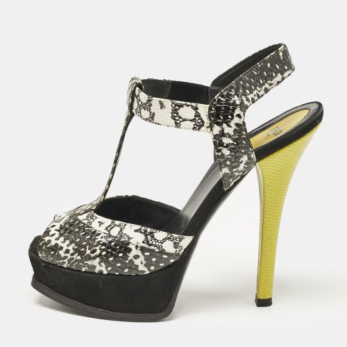 Fendi Multicolor Python Embossed Leather and Suede Animal Print T-Strap Sandals Size 38.5 - Fendi - Modalova