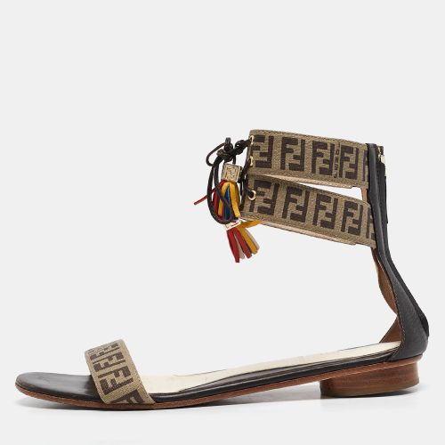 Fendi Tobacco Zucca Canvas and Leather Ankle Strap Flat Sandals Size 37.5 - Fendi - Modalova