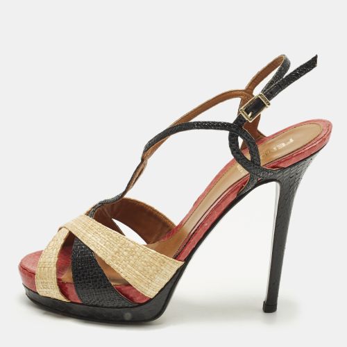 Size 38 Tri Color Raffia and Python Platform Slingback Sandals - Fendi - Modalova