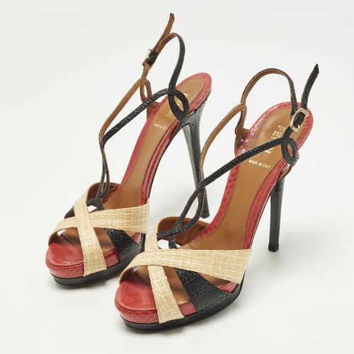 Size 38 Tri Color Raffia and Python Platform Slingback Sandals - Fendi - Modalova